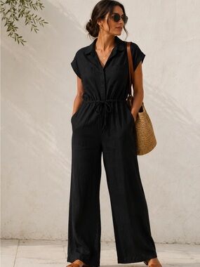 Universal Thread Black Linen Blend Utility Jumpsuit Minimal Luxe Resort Wide Leg
